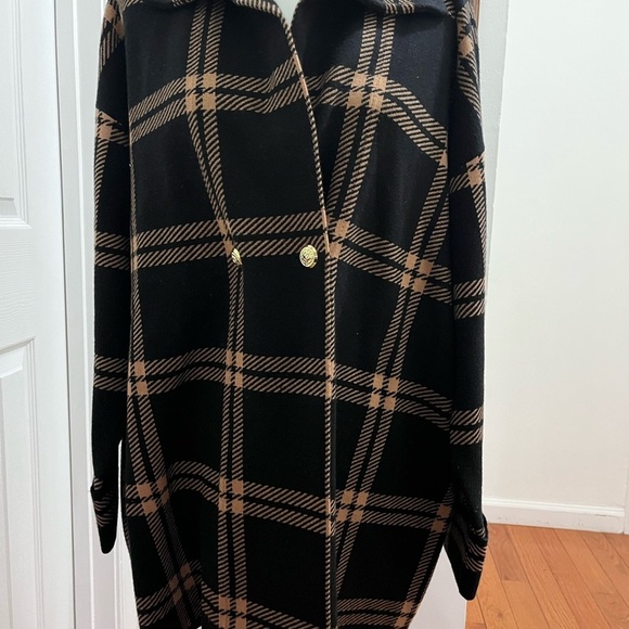 Anne Klein Black and Tan Plaid Coat - Picture 1 of 8